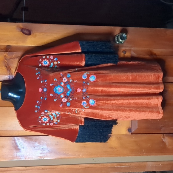 LYN AROUND* stretchy velvety embroidered fringed mini dress tunic top - Picture 1 of 10